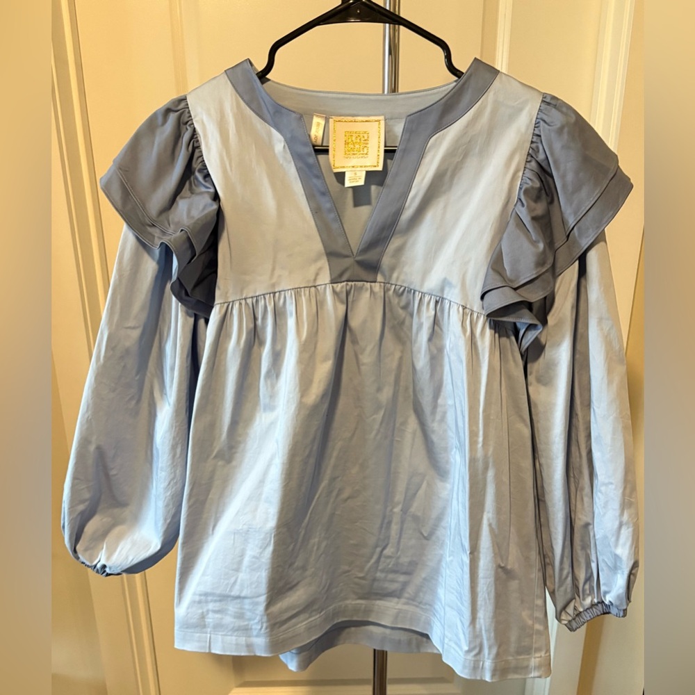 Light Blue Ruffled V-Neck Cotton Blouse